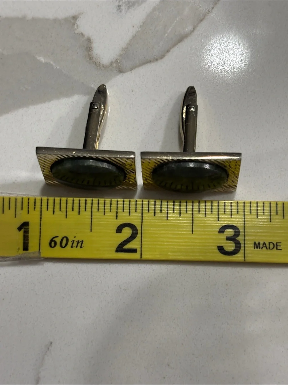Rectangular Gold-Tone Cuff Links with Green Oval Stone Men’s Cufflinks
